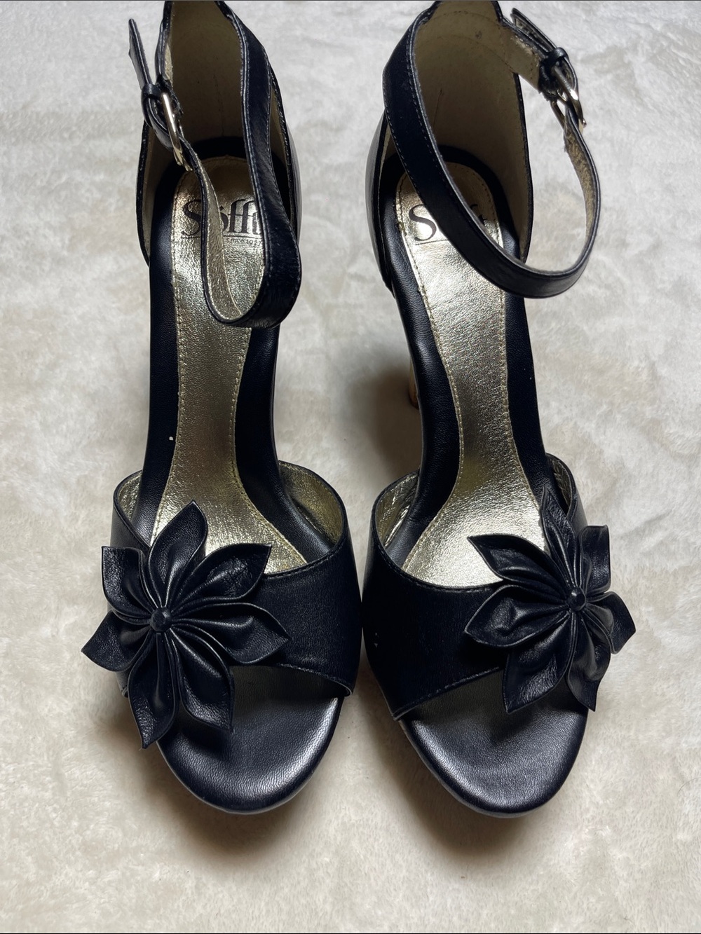 Sofft Black Floral Ankle-Strap Heels Size 9 M